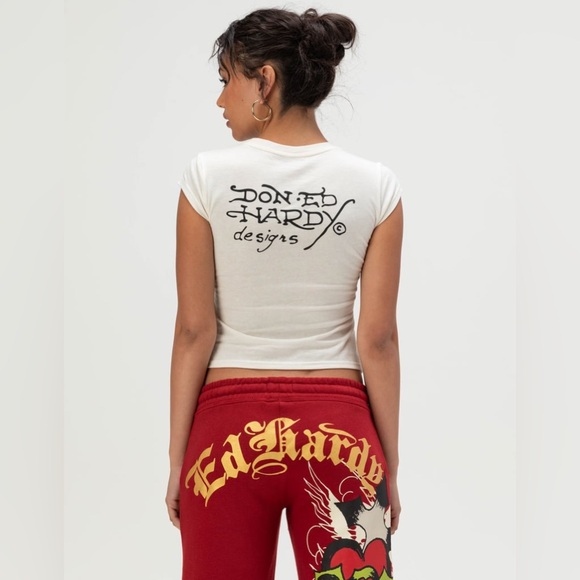 ED HARDY Love Kills Slowly Skull Womens Cap Sleeve Tee Large Ivory NWT - Picture 2 of 10